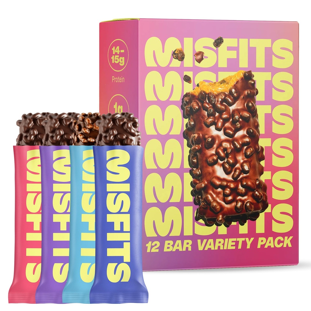 Misfits Protein Bars - Altas barras de doces de proteína □ Planta sem glúten com base, baixo açúcar e carboidratos, Snacks de alta fibra