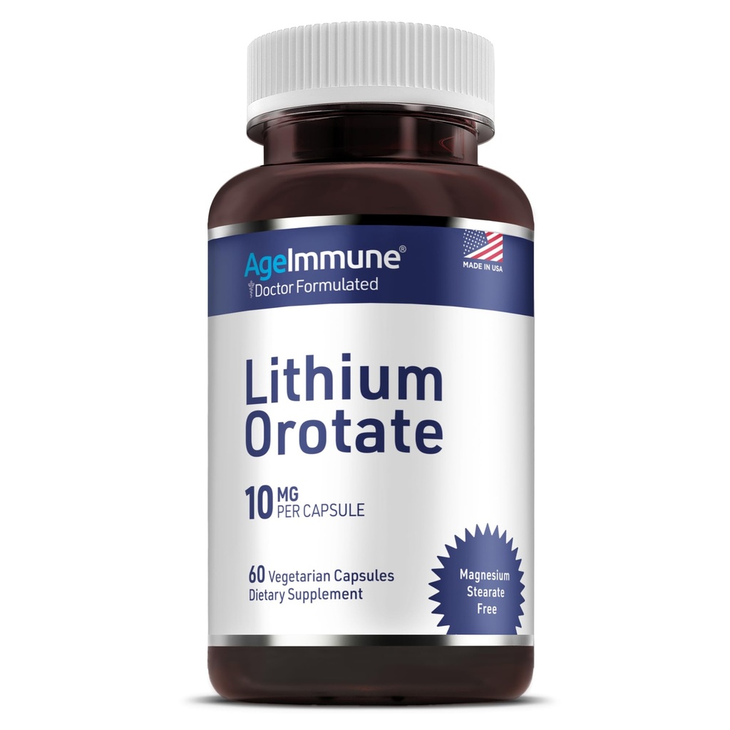 Suplemento de Orotato de lítio 10mg, 60 Cápsulas Vegetarianas. Suporta Memória e Bem-Estar Emocional. Estearato de magnésio Suplementos gratuitos. (1)