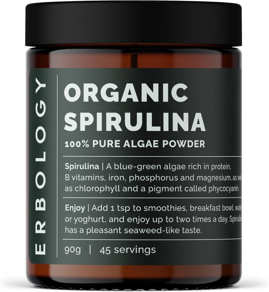 Erbologia Espirulina Orgânica Pó 3,2 onças - 45 Servos - Sustentável Fonte em Portugal - Apoio à Energia e Imunidade - Rico em Clorofila, B Vitaminas, Ferro e Fósforo - Vegan - Livre de OGM