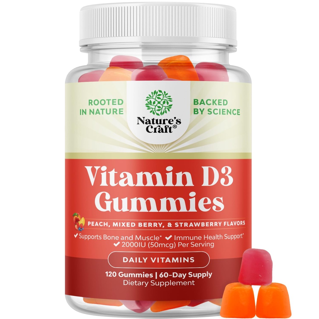 Naturezas Craft Vitamina D3 chicletes para o bem-estar diário - Delicious Vitamina D chicletes para adultos com D3 2000UI por serviço de músculo ósseo e suporte imunológico - Gelatina não-GMO e glúten livre (60 fornecimento dia)