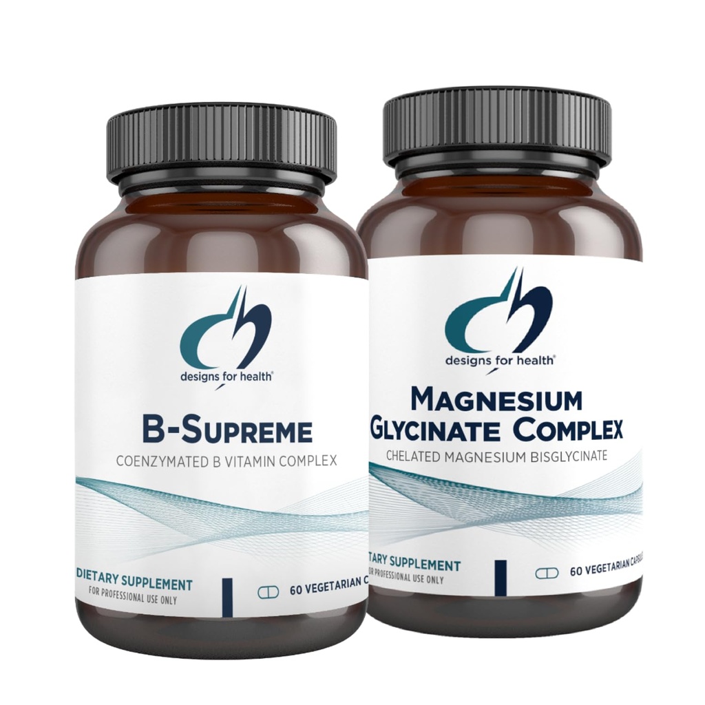 Designs para Complexo de Glicinato de Magnésio em Saúde (60 Cápsulas) & B-Supreme (60 Cápsulas) Bundle - Complexo de Vitamina B com Suplemento de Magnésio de Alta Absorção