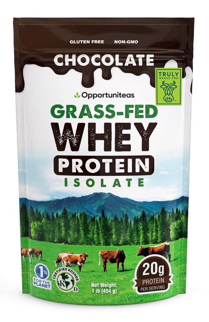 Opportuniteas Grass Fed Chocolate Whey Protein Isolate Powder - 20g de pó de proteína sem adoçantes artificiais, vacas felizes sem hormônios, não OGM - 1lb