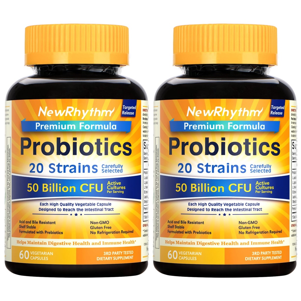 NewRhythm Probióticos 50 bilhões UFC 20 Strains, 120 cápsulas vegetativas, tecnologia de liberação direcionada, resistente ao ácido estomacal, sem necessidade de refrigeração, não-GMO, sem glúten