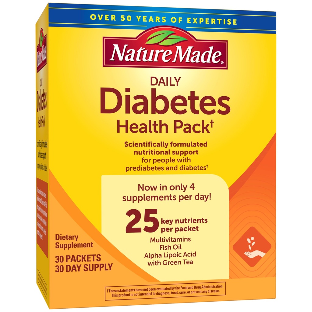 Nature Made Daily Diabetes Health Pack, Suplemento dietético para apoio nutricional, 30 pacotes, 30 suprimentos de dia