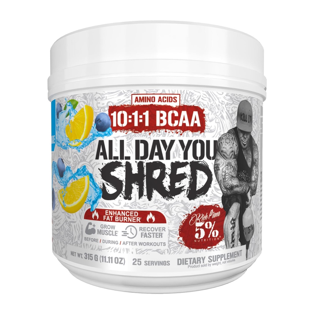 5% Nutrition Rich Piana AllDayYou Shred BCAA Powder Suplemento de Aminoácido para perda de peso □ Elite gordura queimando pré-treino para energia, hidratação, resistência e recuperação (Limonada de mirtilo)
