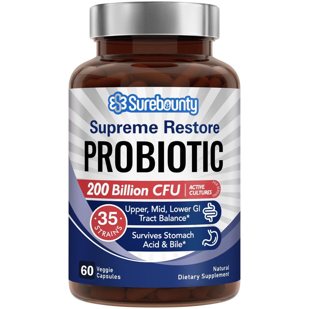 Probiótico para homens e mulheres, 200 bilhões UFC 35 Strains, Prebióticos + Enzimas Digestivas, Suprime Restore Probiótico Suplemento, Alto, Médio, Baixo equilíbrio trato GI, 60 cápsulas de legumes, 1 mês