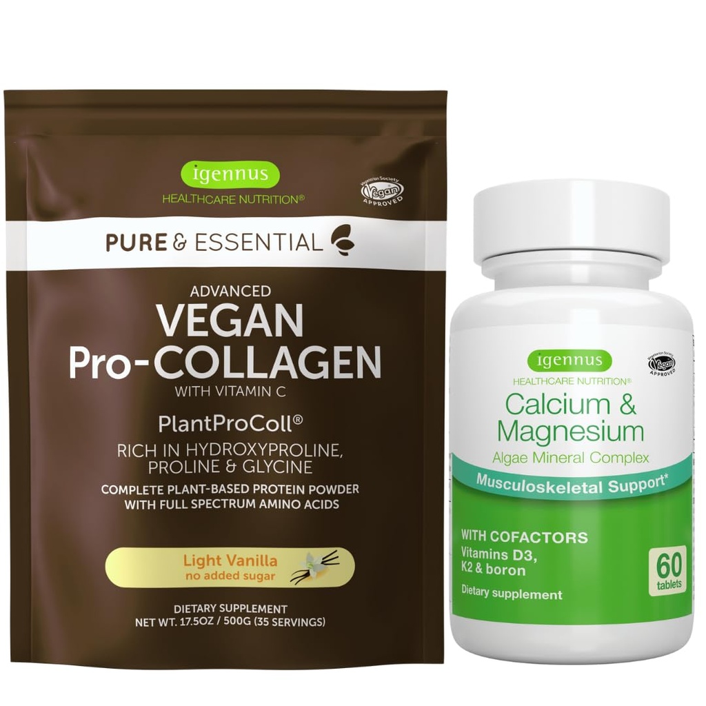 Vegan Vanilla Collagen Protein Powder + Cálcio & Magnésio Complexo Bundle, Suporte ósseo abrangente, por Igennus