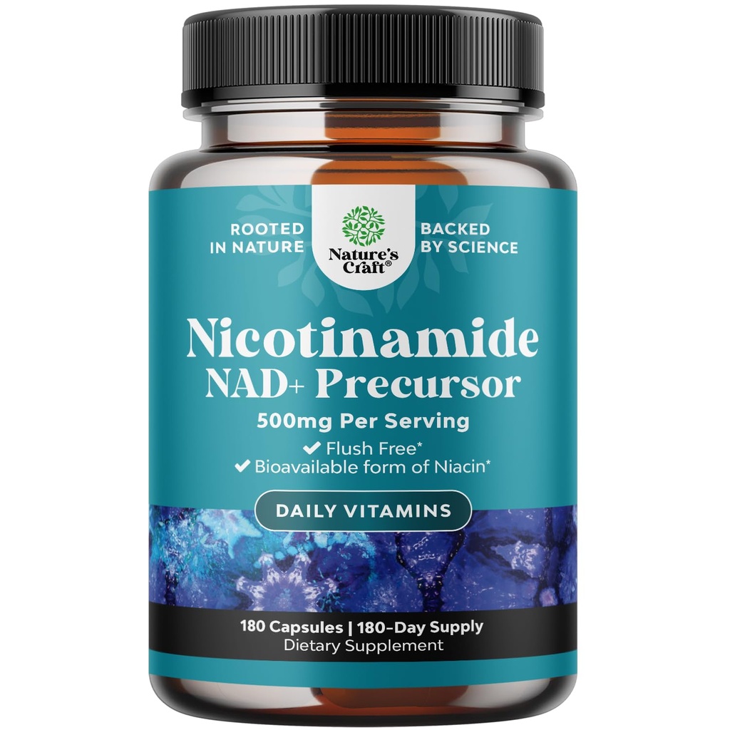 Vitamina B3 Niacinamida 500mg Cápsulas - Mitocondrial Energia e Potent Skin Supplement - AKA Vitamina B3 Niacin 500mg Flush Free e Nicotinamida 500mg - Flush Free Niacin Supplement - 180