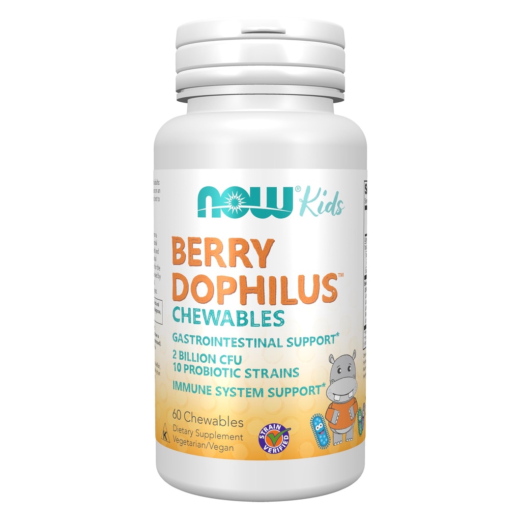 Now Foods Supplements, BerryDophilusTM com 2 bilhões, 10 Strains probióticos, Xilitol Adoçado, Strain Verificado, 60 Chewables, embalagem pode variar