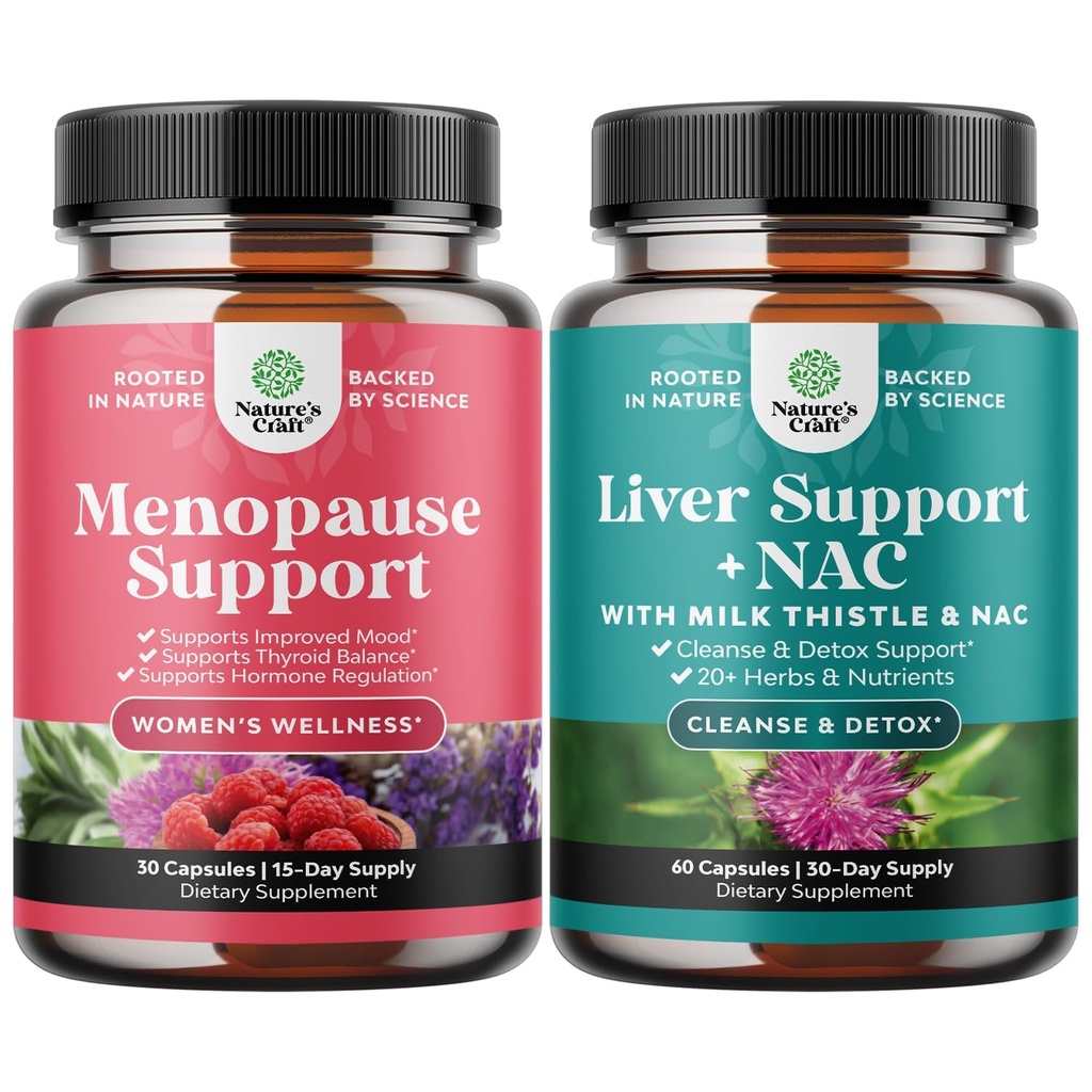 Pacote de suplemento de menopausa para flashes quentes com Dong Quai Vitex Caste Berry & Cohosh preto e suporte de fígado NAC - Cardo de leite N Acetil Cysteine com açafrão, cholina, dente-de-leão & L-Glutationa