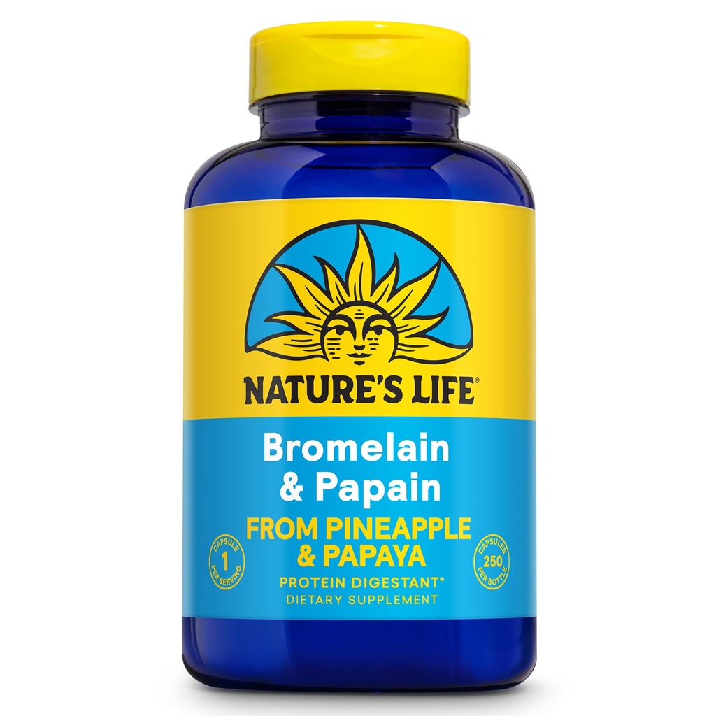 Nature's Life Bromelain & Papain – Enzimas proteolíticas para suporte digestivo e conforto – de Abacaxi & Papaya – 250mg (250 CT)