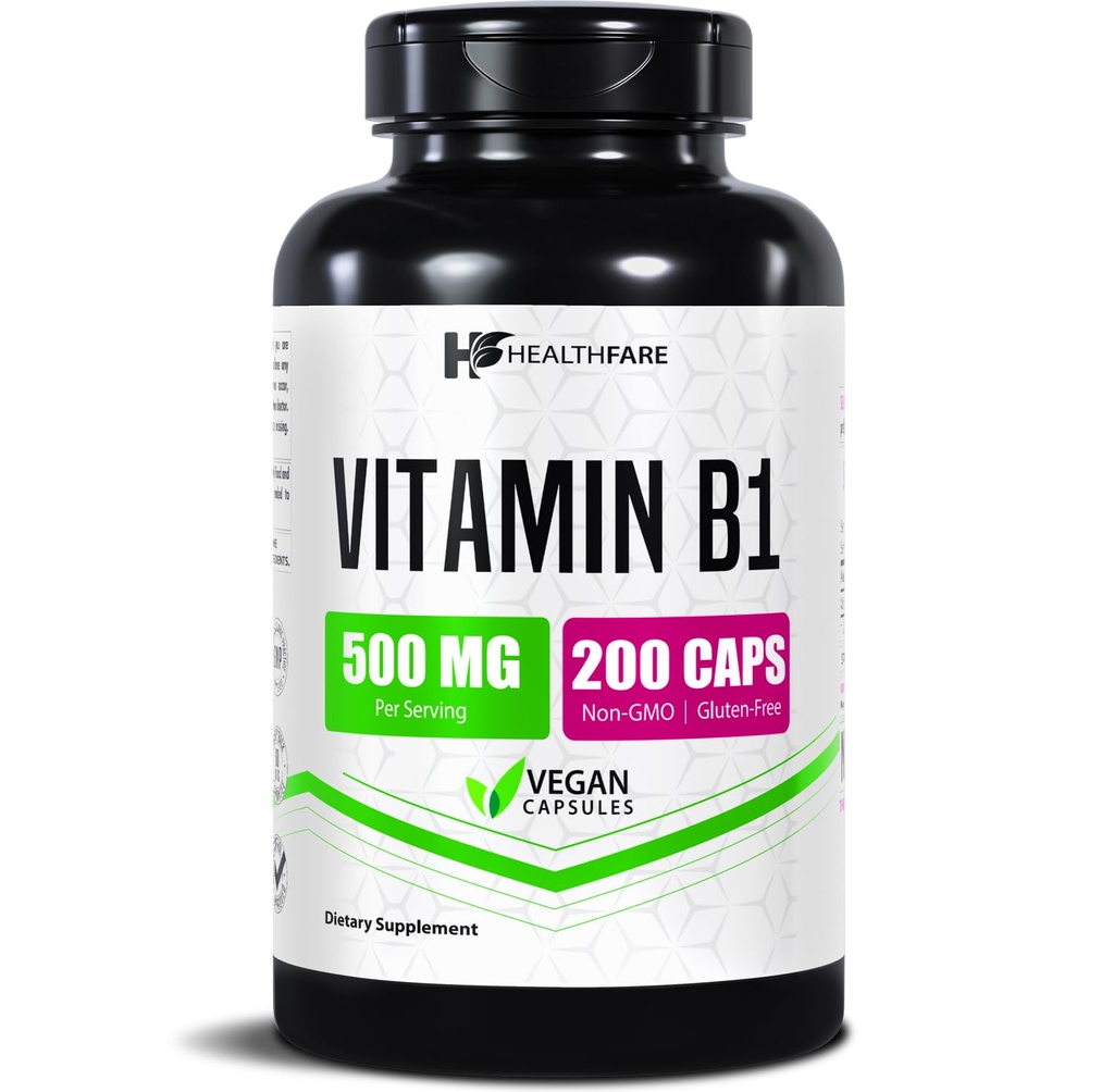 Healthfare Vitamina B1 (Thiamine) 500mg 200 Cápsulas Vegan □ Suplemento de alta potência de força extra □ Suporta energia e sistema nervoso
