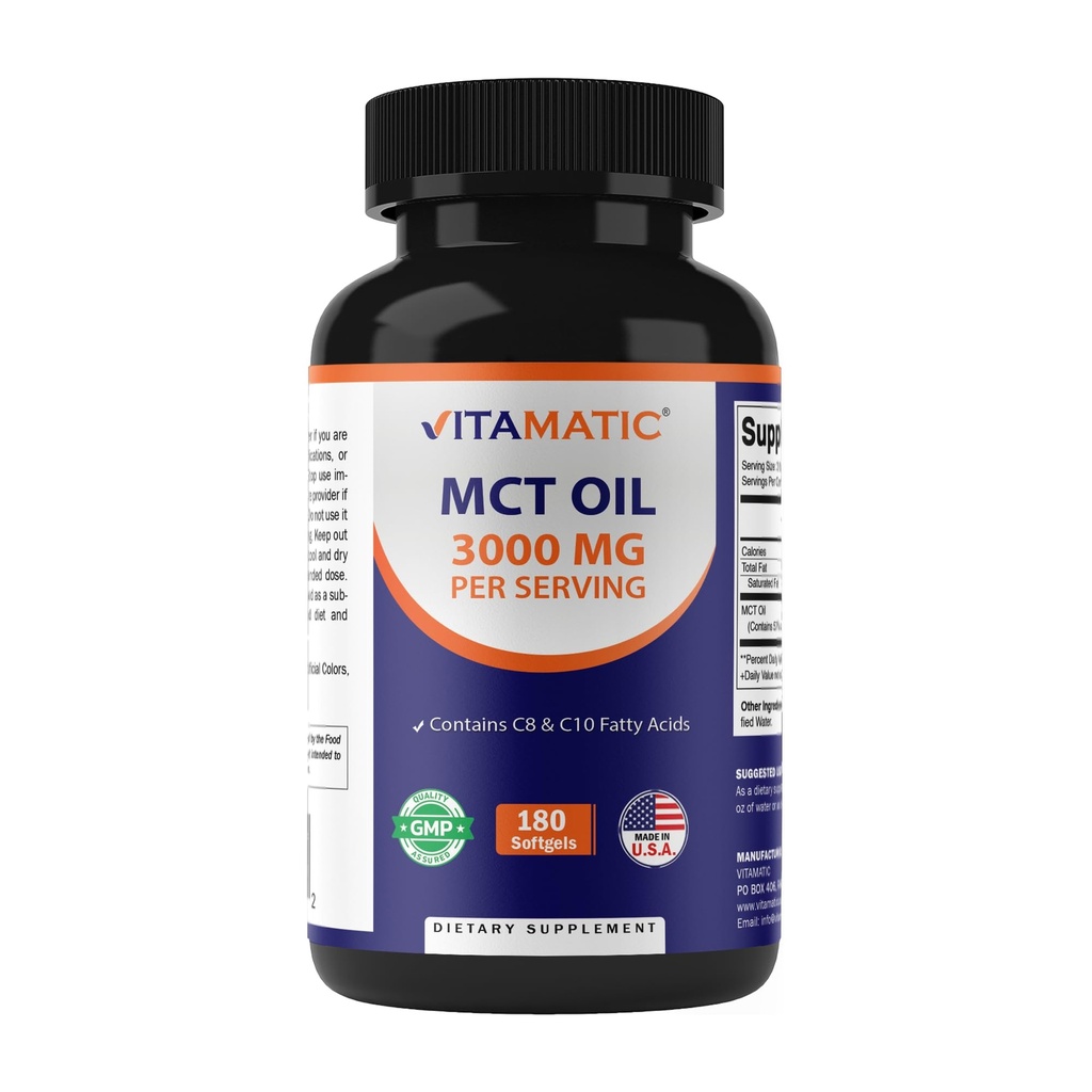 MCT vitamático Óleo 3000 mg por serviço - 180 Softgels - do óleo de coco - contém 55% ácido caprílico C8 e 40% ácido cáprico C10