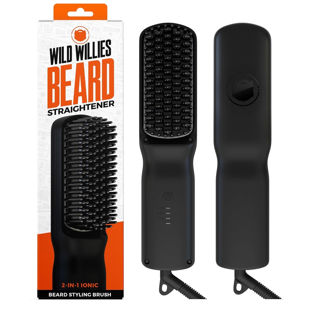 Wild Willies Barba Alisador para Homens - 3 configurações de temperatura, Tourmaline cerâmica aquecida Barba Escova e Hot Comb - Portátil, Tecnologia Iônica, Coarse & Cabelo Curly, 400F - Ferramenta de Grooming