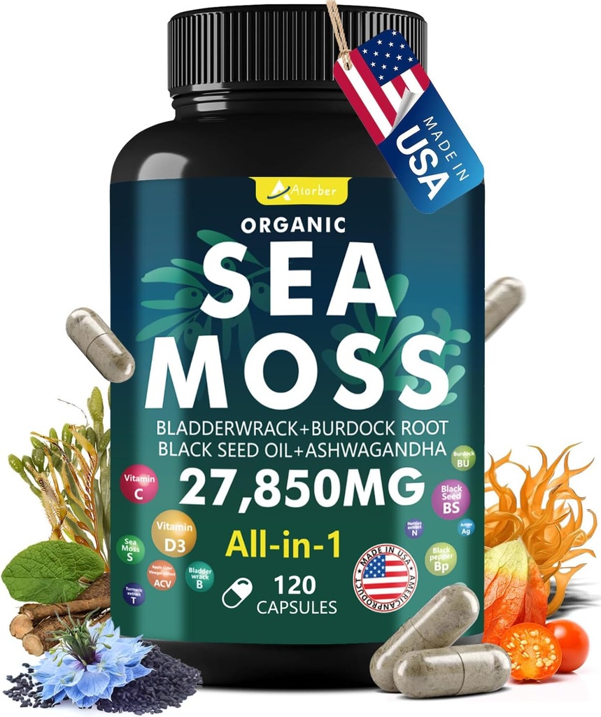 Sea Moss Capsule Complex with Sea Moss, Black Seed Oil, Aşhwagandha, Ginger & Vitaminas C, D3-120 Cápsulas, Suplementos Superalimentares - Pílulas de Seamoss Avançadas, Pílulas de Musgo do Mar Selvagem, Made in USA