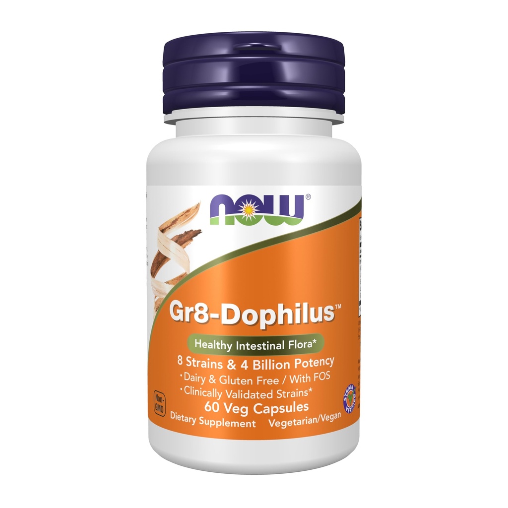 Now Foods Supplements, Gr8-DophilusTM with 8 Strains & 4 Bilion Potence, Prateleira estável, 60 Veg Cápsulas