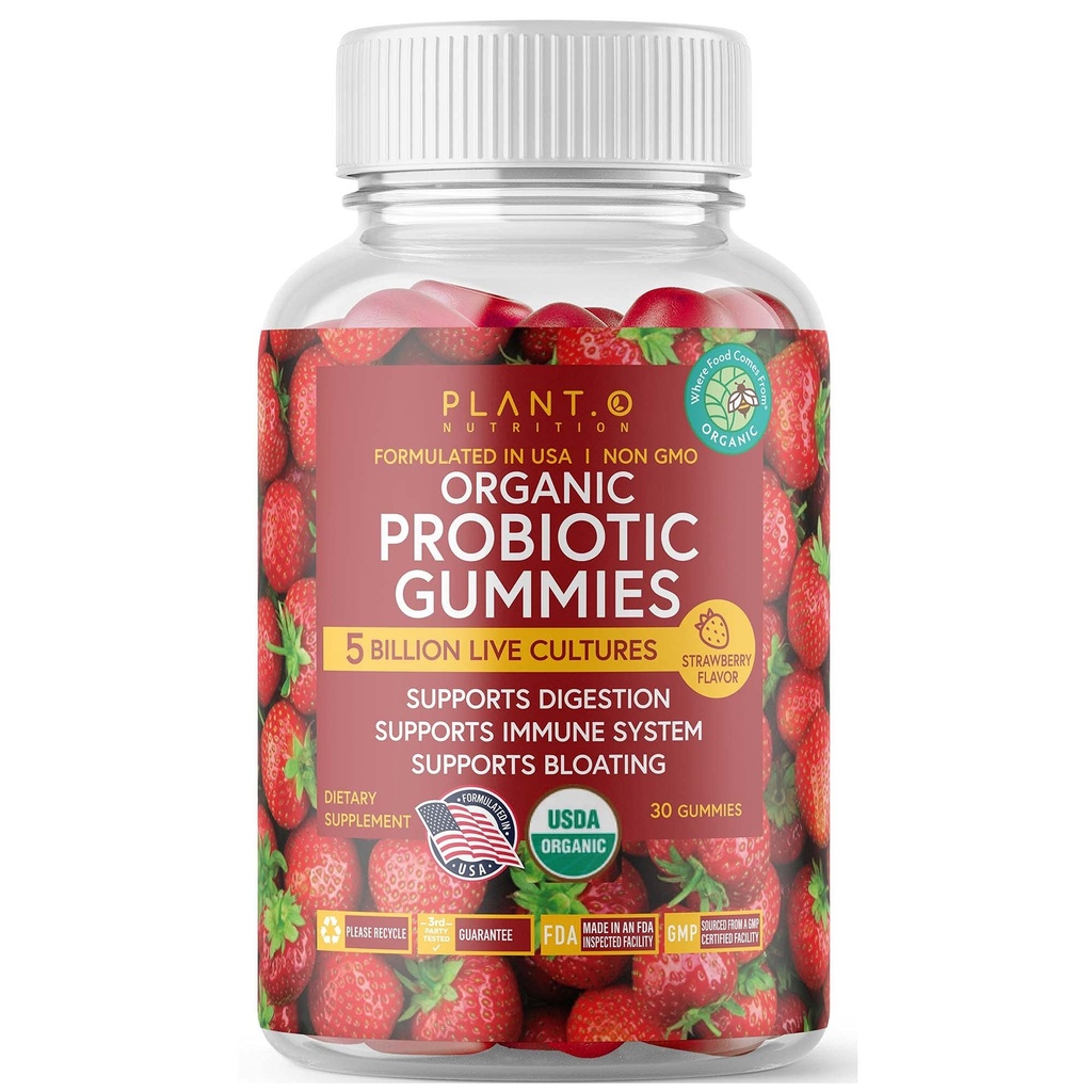 Plant.O Pastilhas Orgânicas Probióticas para Mulheres, Homens e Crianças [5 bilhões de UFCs USDA Certified] Ajuda Suporte Digestion, Bloating, Sistema de Obstipação e Imune, Strawberry Flavor, 30 probióticos mastigáveis