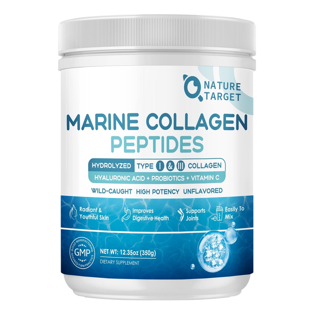 NATURE TARGET Peptídeos de Colágeno Marinho Pó - Tipo I & III Colágeno com Probióticos, Vitamina C & Ácido Hialurónico para Pele, Cabelo, Unhas, Peixes selvagens e Bovinos de Grama, 35 Servões