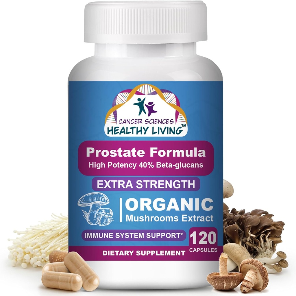 Cancer Sciences Prostate Wellness Supplements for Men, USDA Certified Organic Mushrooms Extract, Extra Strength 1.500 mg, High Potence 40% Beta-Glucans, Imune, Antienvelhecimento, Antioxidantes, 120 Cápsulas