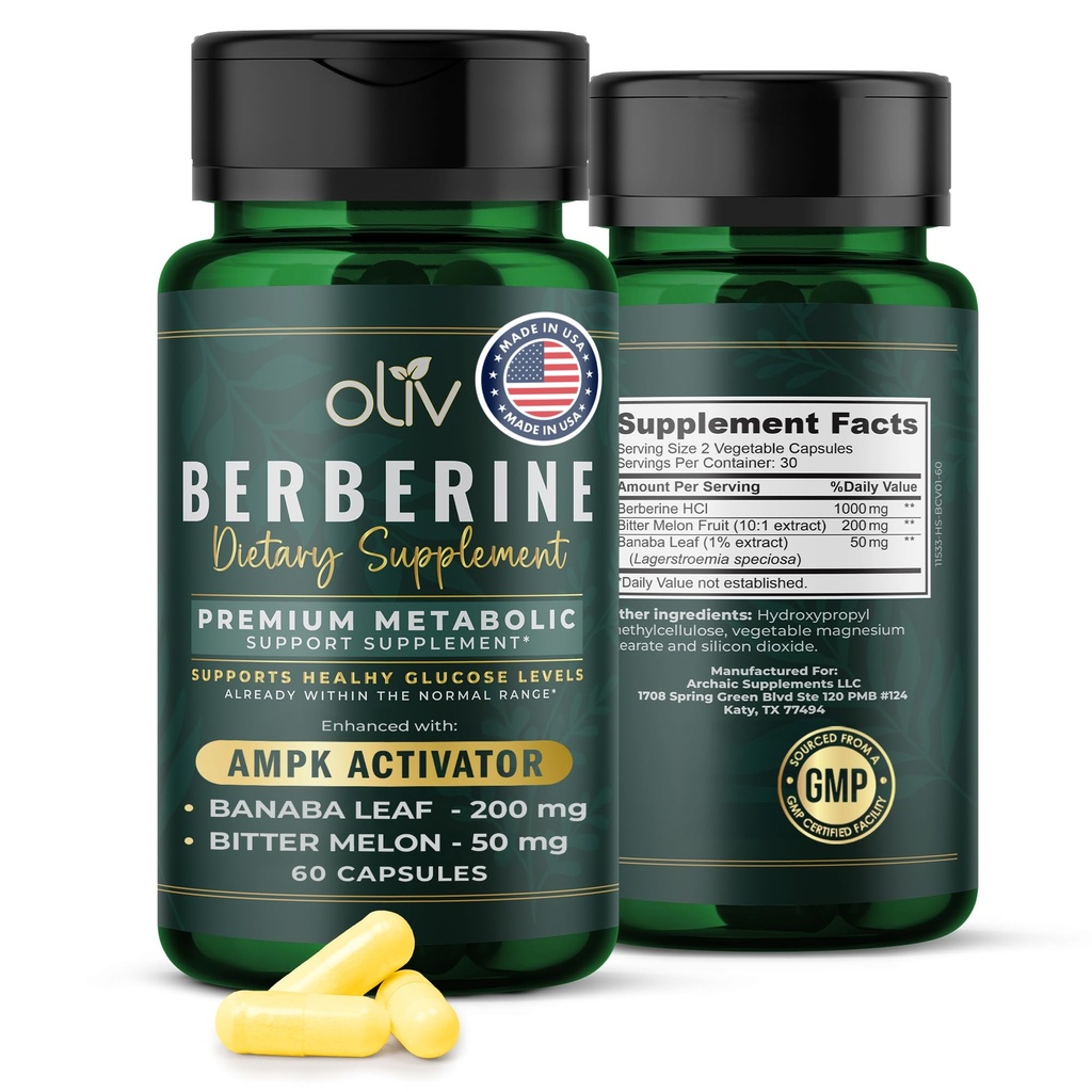 Oliv Pure Berberine Supplement Cápsulas – Berberine HCI 1000mg - Suporte Metabólico Natural com 200mg Extrato de Fruta de Melão Amargo e 50mg Folha de Banaba – 2 Cápsulas Veggie Diário (30 Servões)