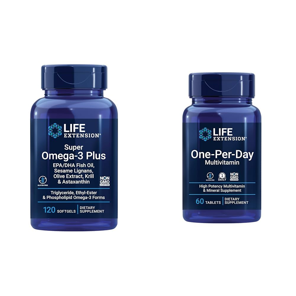 Extensão de vida Super Omega-3 Plus EPA / DHA Óleo de peixe, Lignans Sésamo, Extrato de Oliva e Multivitamina Um-por-Dia – Embalado com mais de 25 vitaminas, minerais e planta