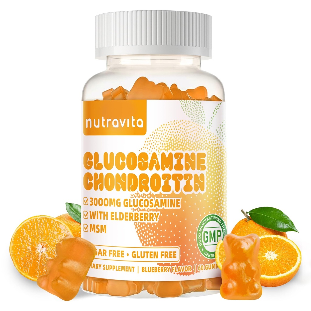 Nutravita Glucosamine Condroitin Gummies com HSH & Elderberry Força Extra - Apoio Conjunto, Suplemento de suporte imunológico antioxidante para adultos, homens e mulheres.60 Mastigações de laranja