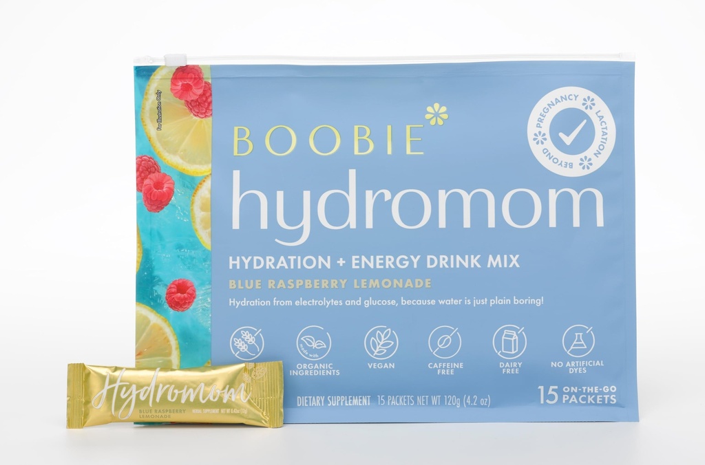 Boobie Hydromom Superfood Electrolyte Drink Mix, Blue Framboesa Limonada, Energia Refrescante & Hydration Boost para Mamas, On-The-Go & Travel Essentials for Gravidez, Lactação, & Beyond, 15 Packets