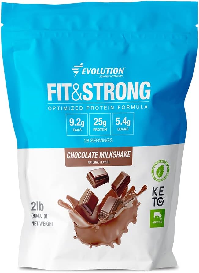 Evolution Advance Nutrition Fit & Strong - Puro Whey Protein Powder com BCAA, 100% grama-alimentado, rápida absorção e rápida digestão para Optimal Muscle Recovery, sabor natural – 2 libras (chocolate)