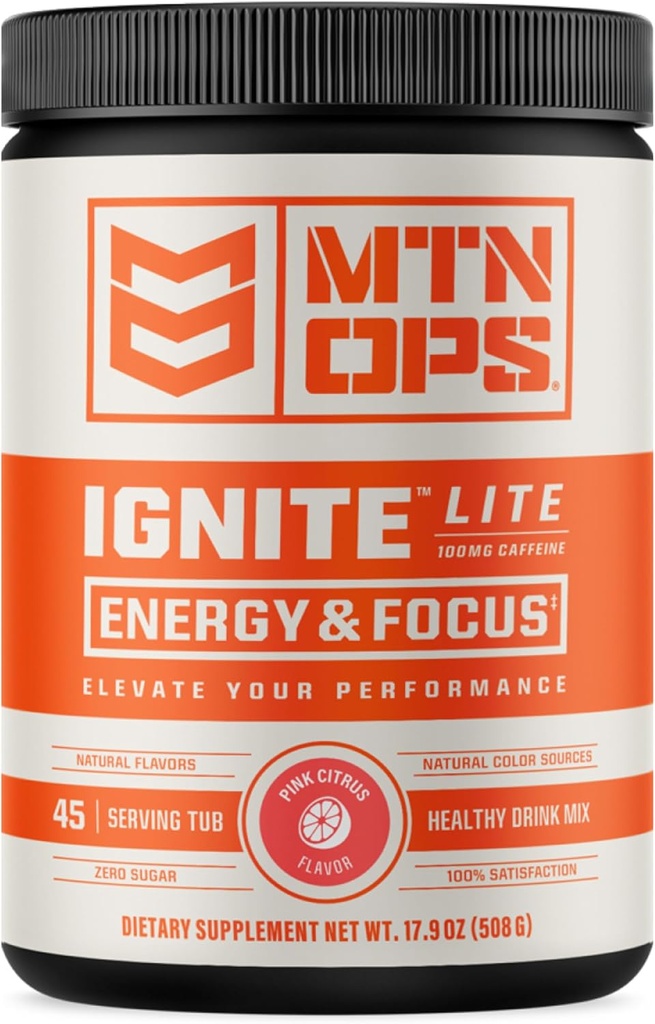 MTN OPS Ignite Lite Energia Beber Pó Gluten Free Nitric Oxide Supplement Drink Mix, L Arginina, L Citrulina, Cafeína e Nootropic Sugar Free Drink Mix, 45 Servings, Pink Citrus