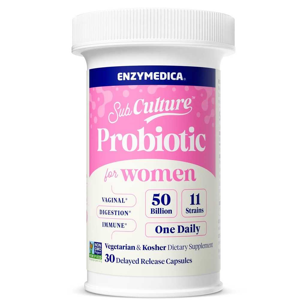 Enzimedica SubCultura Probióticos para a saúde vaginal e urinária da mulher, 50 bilhões de UFC, Suporta Imune + Saúde Digestiva & Regularidade, 30 contagem