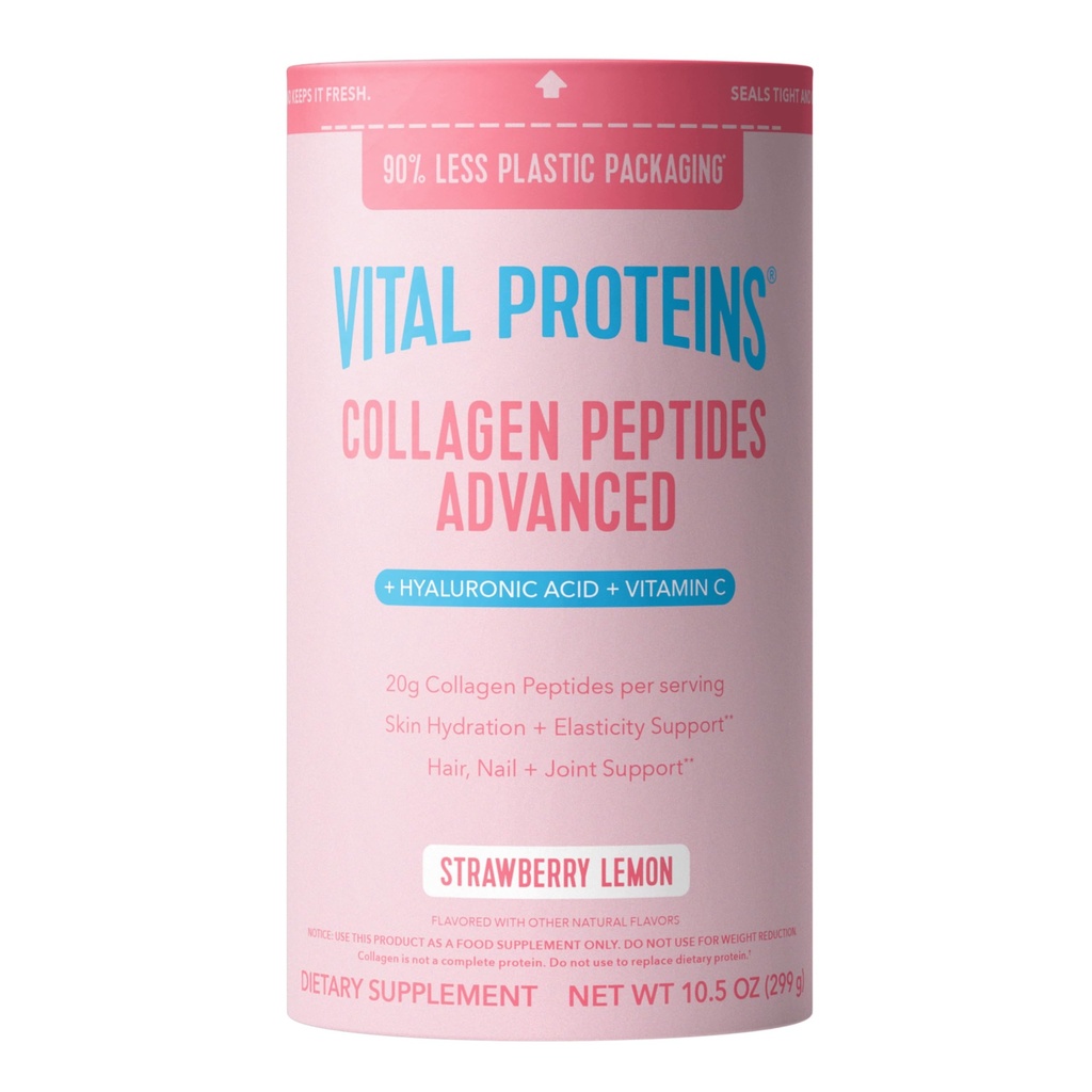 Proteínas Vitais Peptídeos Colágeno Peptídeos avançados hidrolisados com ácido hialurônico e vitamina C - Strawberry limão sabor pó, 10.5 oz