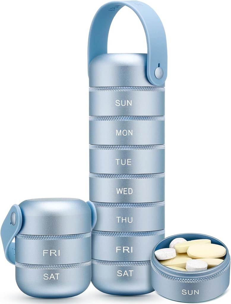 Organizador de pílulas semanal de metal Zannaki, caixa de pílulas de viagem grande 7 dias, caso de pílula diária impermeável com alça de silicone, suporte de pílulas portátil de liga de alumínio para a vitamina, medicina, suplemento, pílulas