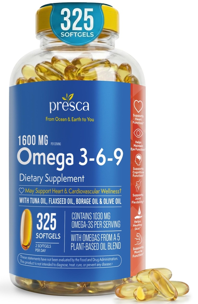 Omega 3-6-9 Suplemento dietético (325 CT.) - Promover a função visual e saúde ocular - Apoiar o coração, saúde cardiovascular, pele saudável, cabelo e saúde geral (Omega 3-6-9)