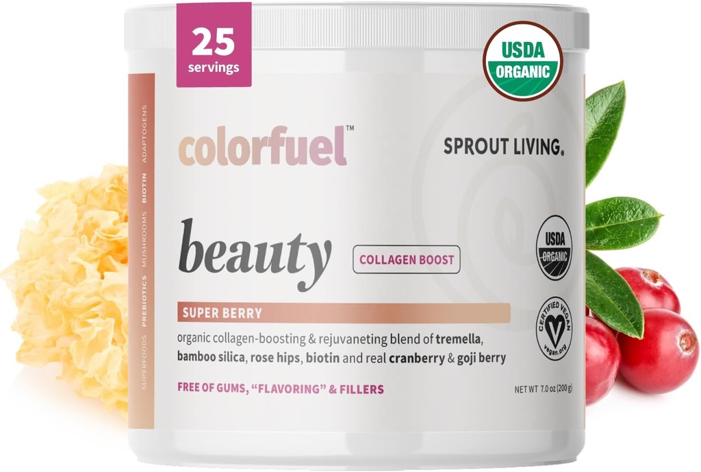 Sprout Living, Colorfuel Beauty Powder Drink Mix, Superalimentos Orgânicos + Adaptogens O cabelo, Pele e unhas de apoio, Vegan Collagen Boost, Biotin, Sílica, Vitamina C, Super sabor Berry (25 Servings)