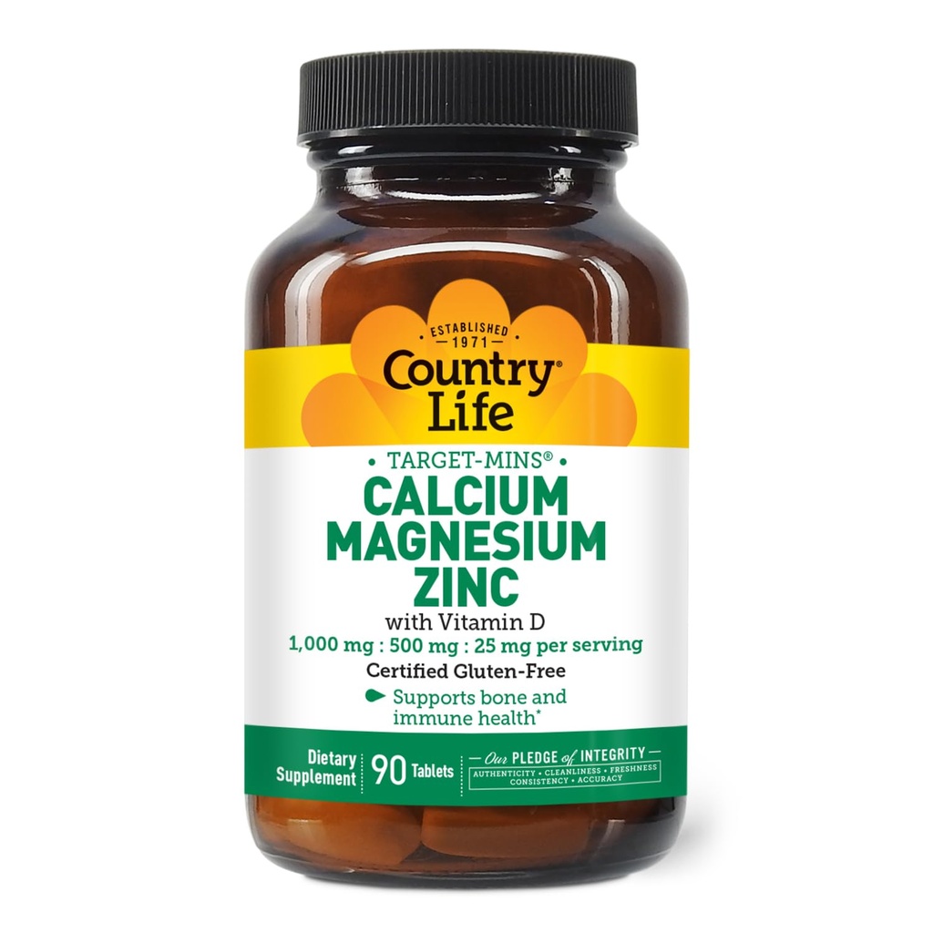 País Vida Magnésio de cálcio Zinco com vitamina D3 e L-ácido glutâmico, Suplemento dietético para suporte ósseo, Certificado sem glúten, 1000mg/500mg/25mg, 90 Comprimidos