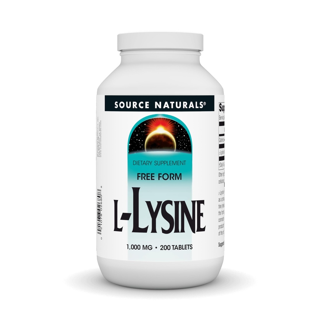 Fonte Naturals L-Lysine Forma Livre, 1000 mg - Suplemento Aminoácido Suporta Formação Energética e Colágeno - 200 Comprimidos