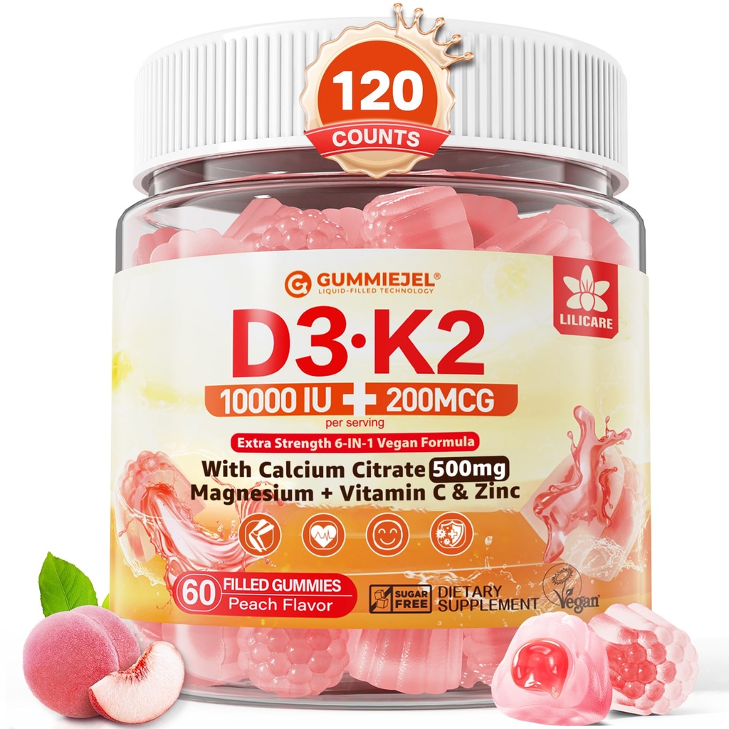 Vitamina D3 K2 chicletes preenchidos 5000UI / 10.000 UI com 500mg de cálcio + K2 (MK-7) 200mcg, magnésio, vitamina C & Zinco, força extra - Absorbência final para os músculos dos ossos dentes, Vegan -- Pack de 2