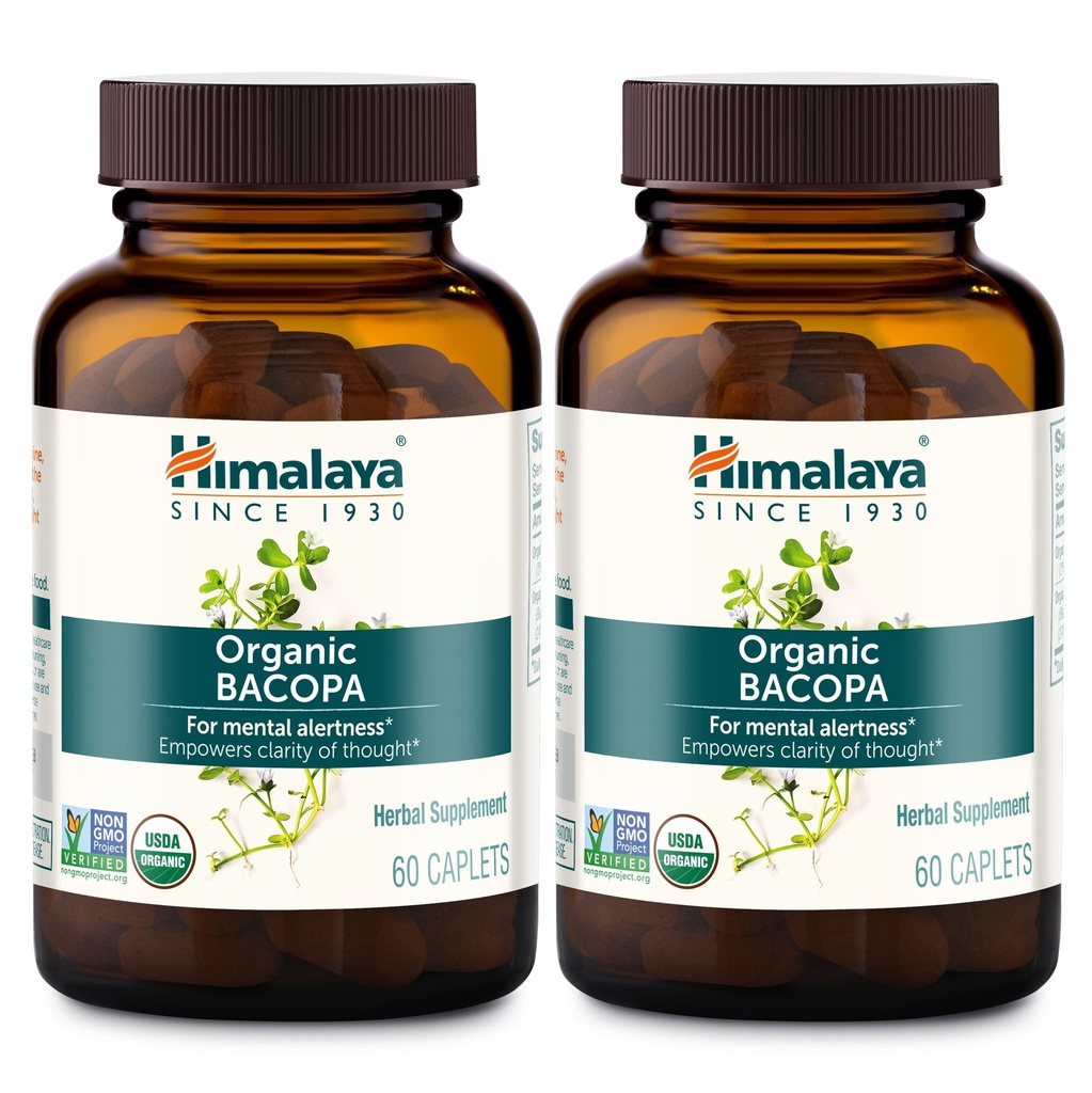 Himalaya Bacopa Monnieri Nootropic Herbal Supplement, Alerta Mental, Suporta Calma, Memória, Cognição, USDA Organic, Non-GMO, 750 mg, 60 Caplets Baseados em Plantas, 2 Pack, 120 Day Supply