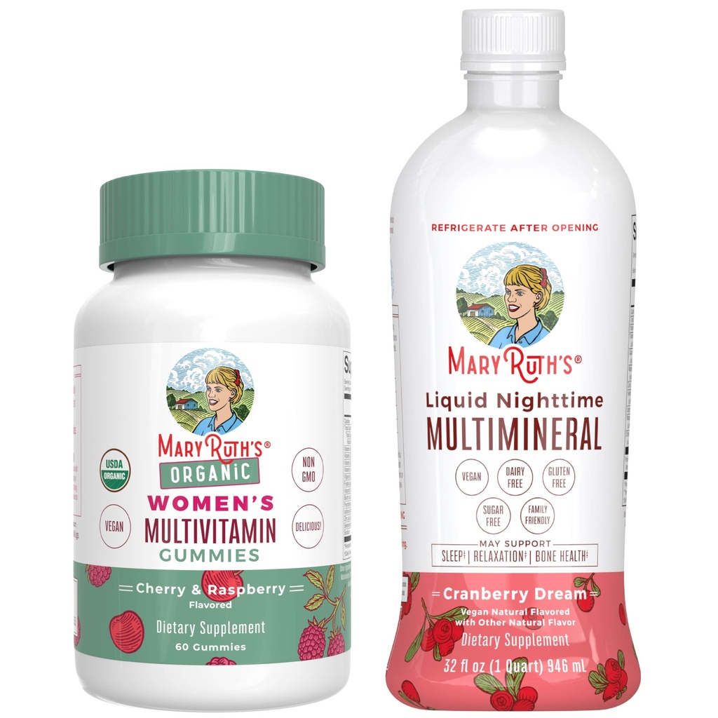 Gummies Multivitamin de MaryRuth para as mulheres (Cherry & Framboesa) & Liquid Nighttime Multimineral (Cranberry)