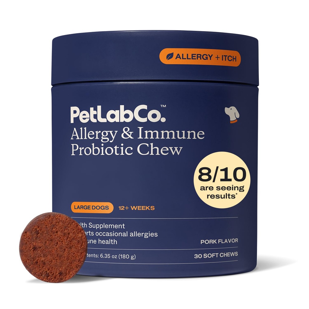 PetLab Co. Alergia & Imune Probióticos Diários para Cães. Suporta Produção de Levedura, Alergias Sazonais, Coceira Intermitente, Gut & Saúde Digestiva para Cães Grandes - 30 Chews - Embalagem Vary Maio