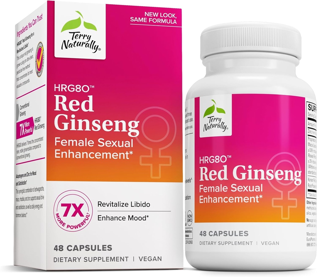 Terry Naturalmente HRG80 Red Ginseng Enhance Sexual Feminino - Suplemento dietético para Circulação, Endurance & Energy Support - Suporte de Vitalidade com Ashwagandha, Red Ginseng & Zinc - 48 Cápsulas