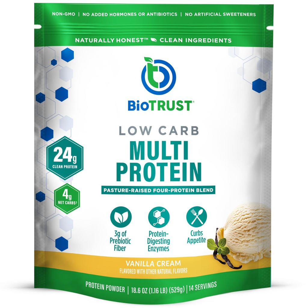 BioTrust Low Carb Protein Powder – Natural e Delicious Whey & Casein Mistura de Vacas Livres de Hormônios alimentados com grama – Não OGM, sem soja, sem glúten, sem hormônio (Vanilla)