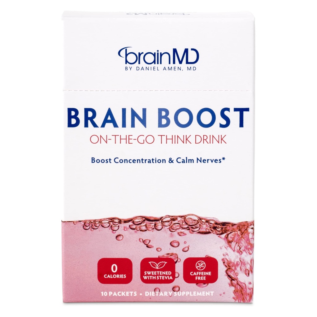 BrainMD Dr. Amen Brain Boost On The Go - 10 Packets, Berry Flavor - Nootropic Drink Powder, Promove foco, clareza e energia mental - Cafeína livre, sem glúten - 10 Servings