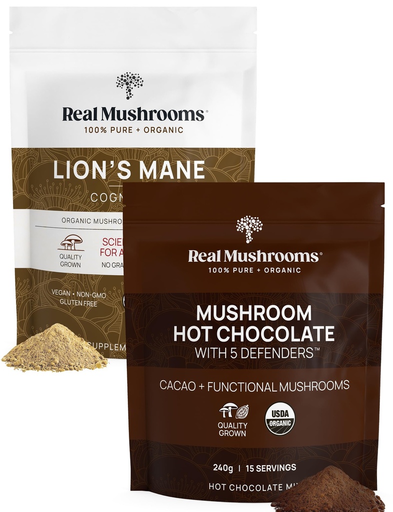 Cogumelos reais Hot Chocolate Mix (15 Servings) e juba de leão (60 Servings) Empoeirado em pó - Mushroom Powder Supplement for Daily Immunity & Cognition Support - Gluten-Free, Non-GMO, Vegan