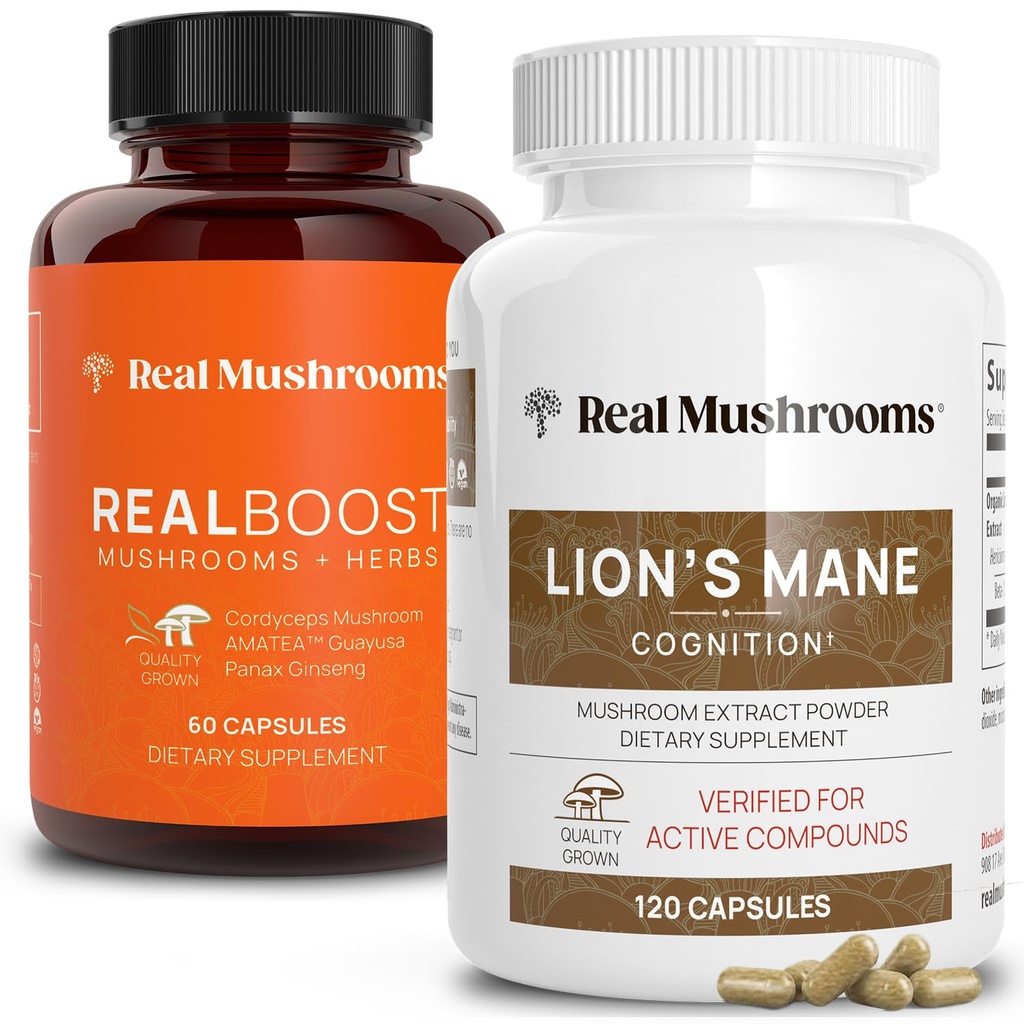 Real Cogumelos RealBoost (60ct) e Leões Mane (120ct) Cápsulas Bundle - Mushroom Suplemento para Energia, Vitalidade & Cognição - Energia & Vitaminas Cerebrais w/Cordyceps, Ginseng, Guayusa - Vegan, Non-GMO