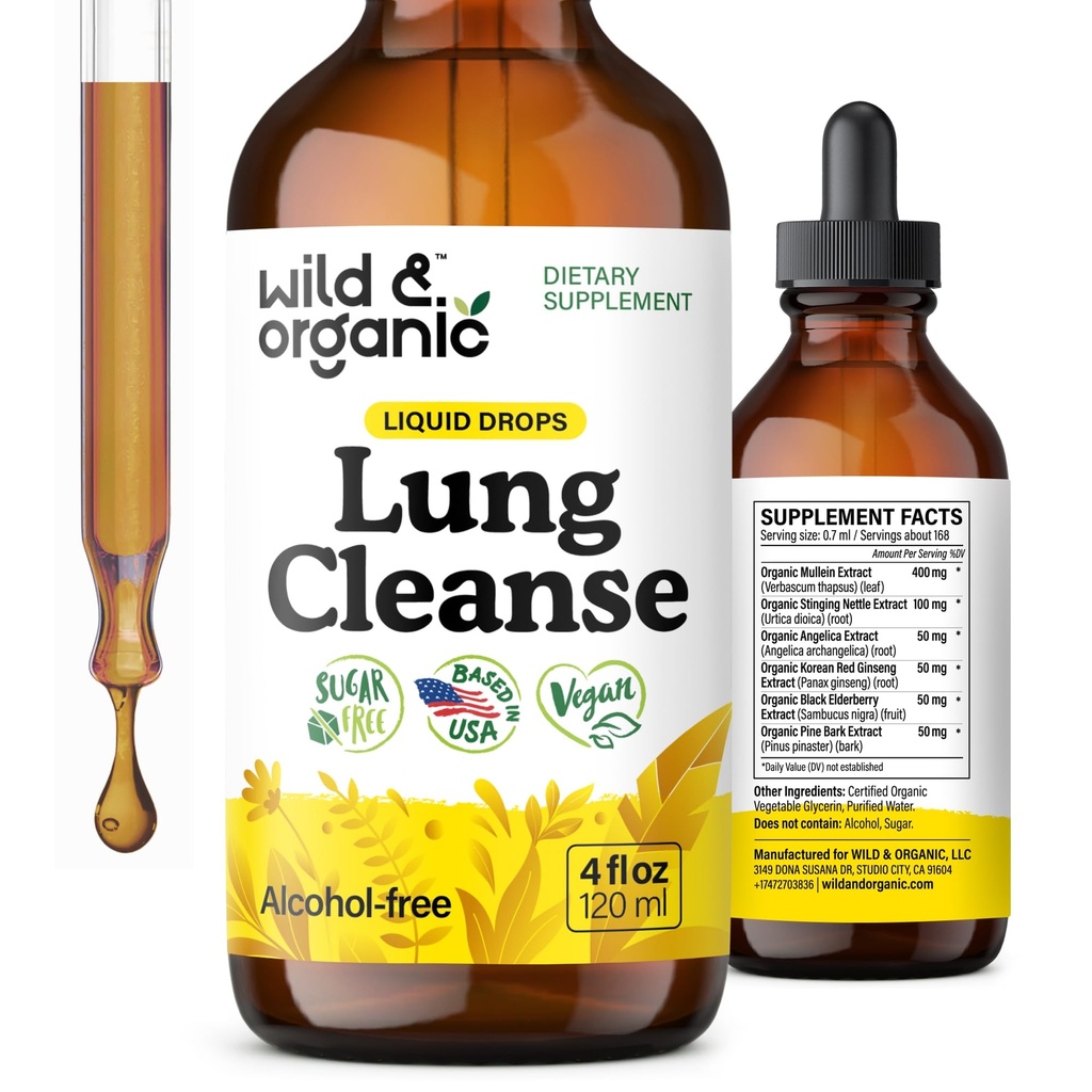 Wild & Organic Lung Cleanse Detox Tintura - Mullein Drops para pulmões - Herbal Mullein Extract Supplement - Vegan, Drops Alcohol-Free - 4 fl oz
