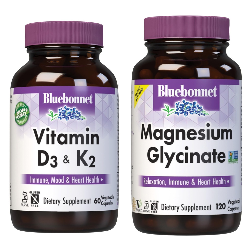 BlueBonnet Nutrition Vitamina D3 e K2, e cápsulas vegetais de magnésio
