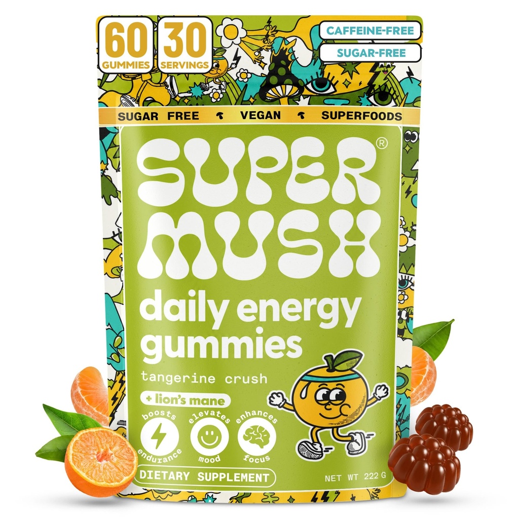 Energia Cogumelo Gummies - Suplemento Mane Leões Orgânicos com Cordyceps, Rhodiola, L-Theanina, Maca - Vegan & Sugar-Free - Energia, Foco, Stamina, Redução de estresse - 60 Gummies (30 Servings)