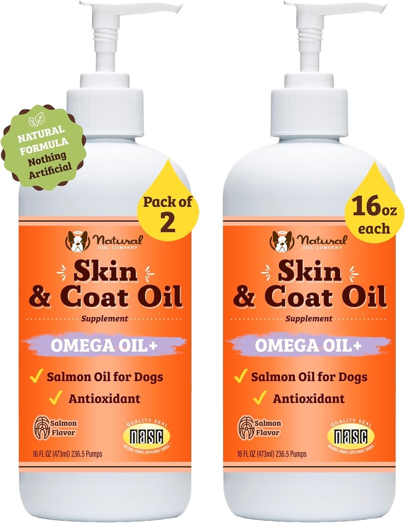 Natural Dog Company 2 Pack - 16 onças. Óleo de pele e casaco, Suporta a saúde da pele, Suplementos de óleo de peixe para cães, ácidos gordos, antioxidante, para famílias de cães múltiplos, cães de raça grande, 32 onças. Valor