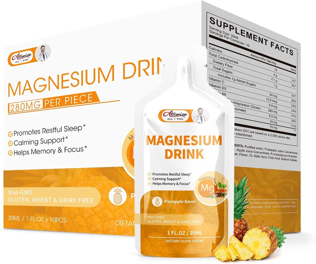 Solução oral de bebida de magnésio com vitamina, zinco e bromelaína de sódio, suplemento de magnésio essencial Imune, saúde óssea e Zzz, sabor de abacaxi, 10 Fl Oz